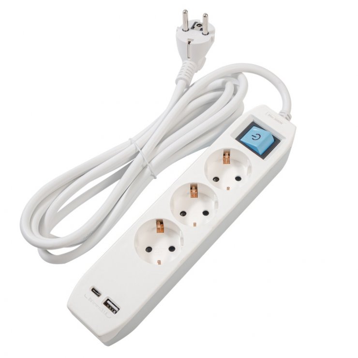 Imagine Prelungitor cu 3 x Schuko + 1 x USB type C + 1 x USB-A 1.8m Alb, Spacer PP-3-18-TC-USB