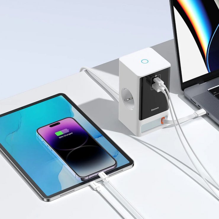 Imagine Incarcator priza 2 x Schuko + USB-A + USB-C 65W 1.5m Alb, Baseus PSLR000602