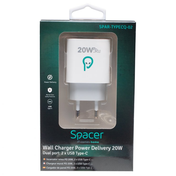 Imagine Incarcator priza 2 x USB type C 20W Alb, Spacer SPAR-TYPECQ-02