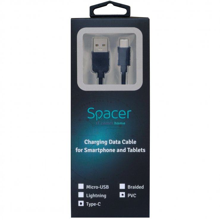 Imagine Cablu USB 2.0-A la USB type C T-T 1m Negru, Spacer SPDC-TYPEC-PVC-BK-1.0