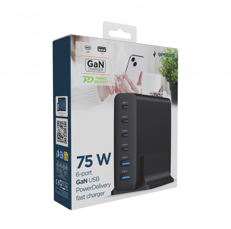 Imagine Statie de incarcare/incarcator priza Fast charger cu 4 x USB-C + 2 x USB-A 75W GaN, Gembird TA-UC-2A4C-PD75-01-BK