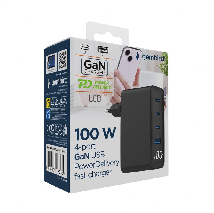 Imagine Incarcator priza Fast charger cu 1 x USB-A + 3 x USB-C 100W GaN, Gembird TA-UC-PDQC100LCD-01-BK