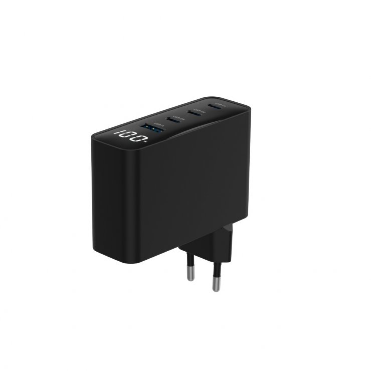 Imagine Incarcator priza Fast charger cu 1 x USB-A + 3 x USB-C 100W GaN, Gembird TA-UC-PDQC100LCD-01-BK