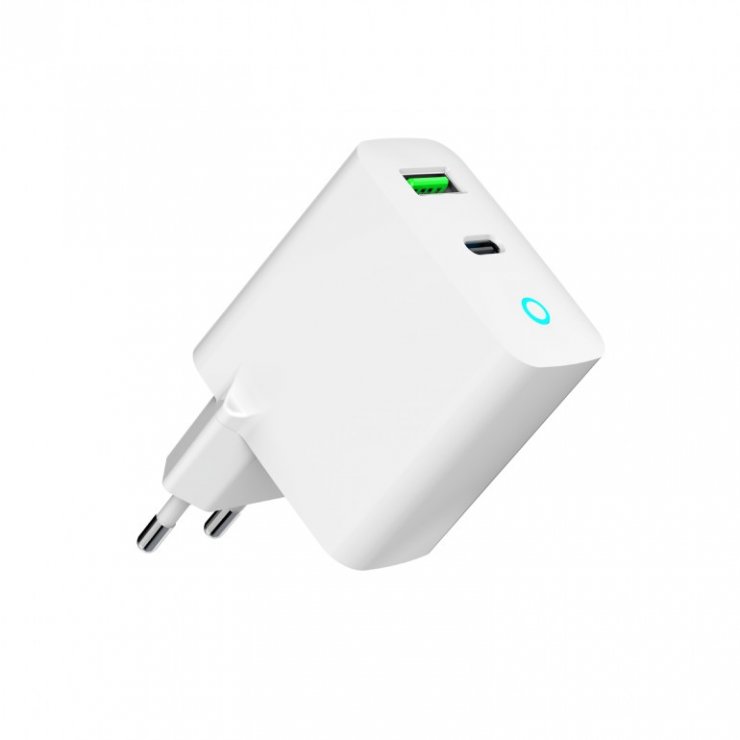 Imagine Incarcator priza USB-A + USB type C 20W Alb, Gembird TA-UC-PDQC20L-W-01