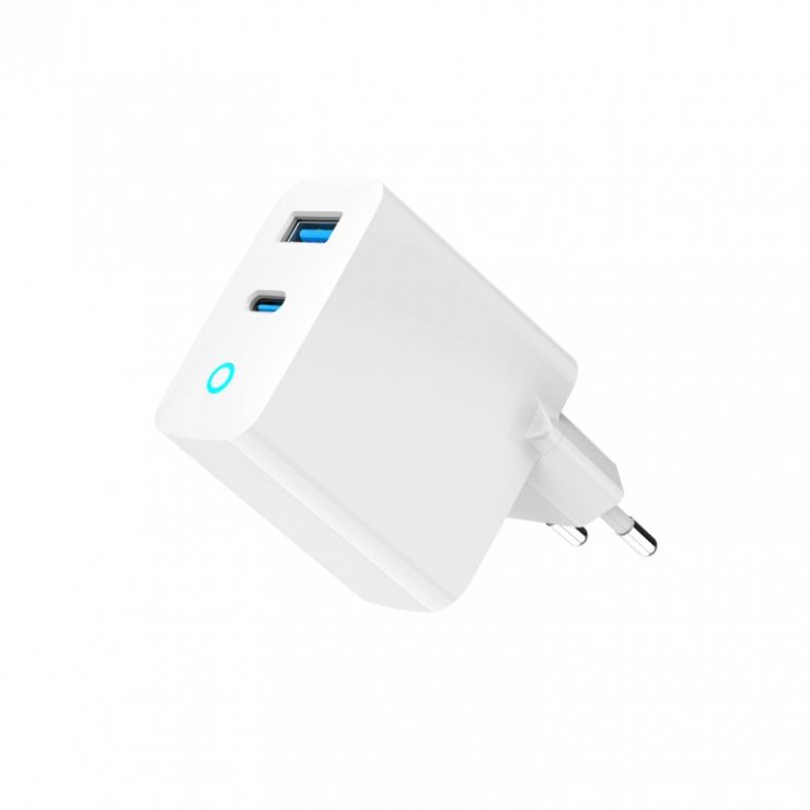 Imagine Incarcator priza USB-A + USB type C GaN 45W Alb, Gembird TA-UC-PDQC45L-W-01