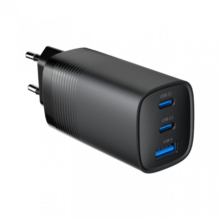 Imagine Incarcator priza 2 x USB type C 3.25A PD + 1 x USB-A 65W GaN Negru, Gembird TA-UC-PDQC65-01-BK