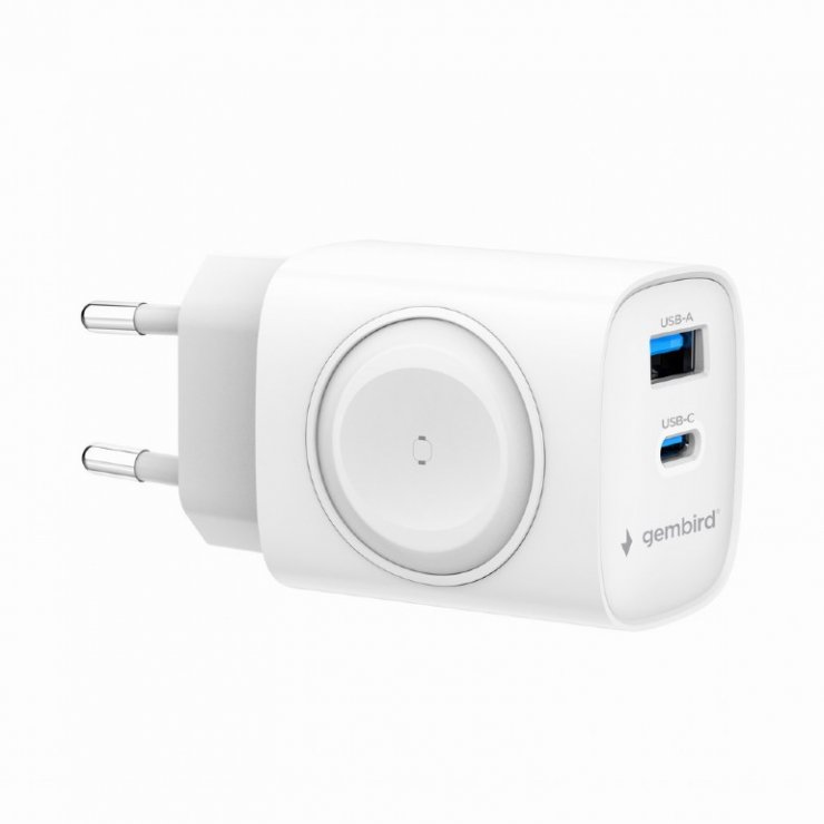 Imagine Incarcator priza USB-A + USB type C 20W + incarcare Apple Watch Alb, Gembird TA-UC-PDQCW20-01-W