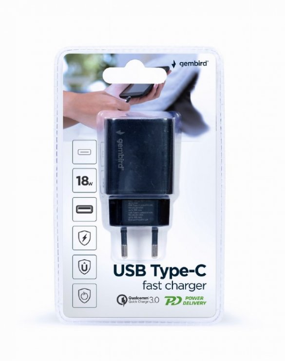 Imagine Incarcator priza 1 x USB type C + 1 x USB-A 18W Negru, Gembird TA-UQC3-03