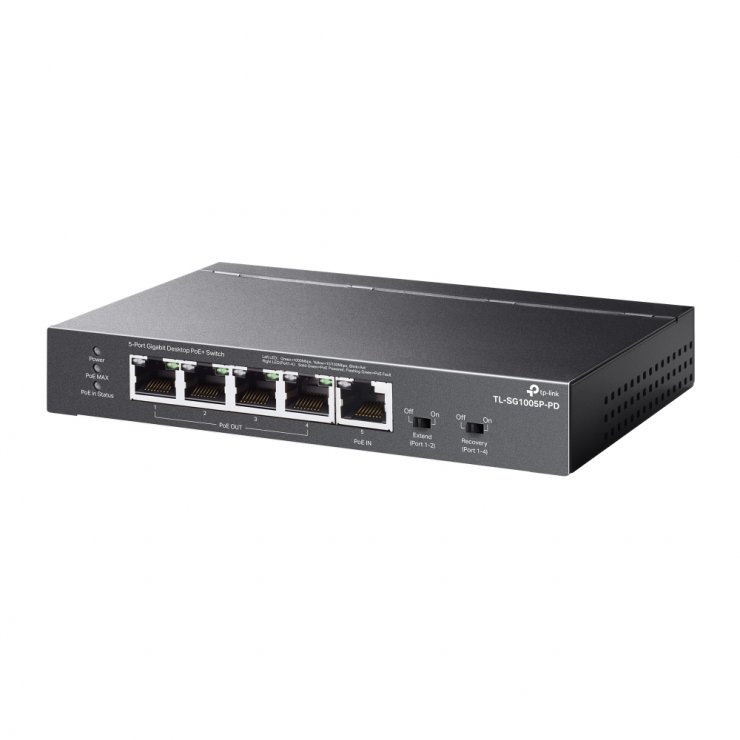 Imagine Switch 5 porturi Gigabit cu 1 x PoE++ In/4 x PoE+Out, TP-LINK TL-SG1005P-PD