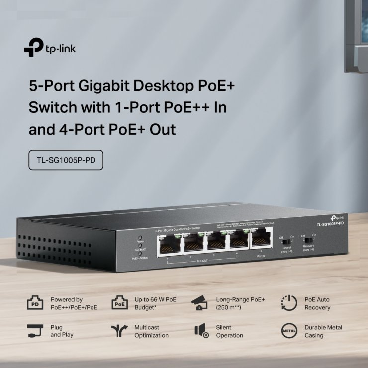 Imagine Switch 5 porturi Gigabit cu 1 x PoE++ In/4 x PoE+Out, TP-LINK TL-SG1005P-PD