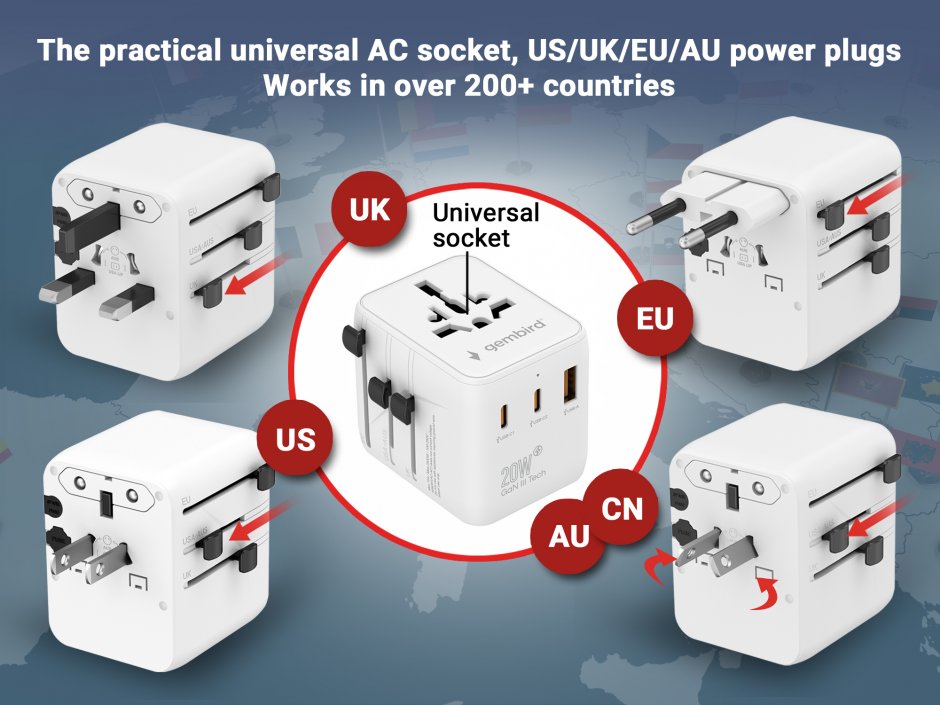 Imagine Incarcator priza universal US/UK/EU/AU cu 1 x USB-A + 2 x USB-C 20W, Gembird TPA-1A2C20-01-W