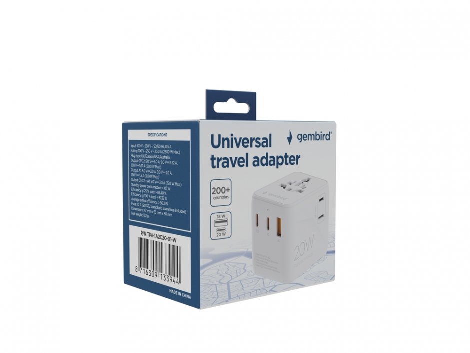 Imagine Incarcator priza universal US/UK/EU/AU cu 1 x USB-A + 2 x USB-C 20W, Gembird TPA-1A2C20-01-W