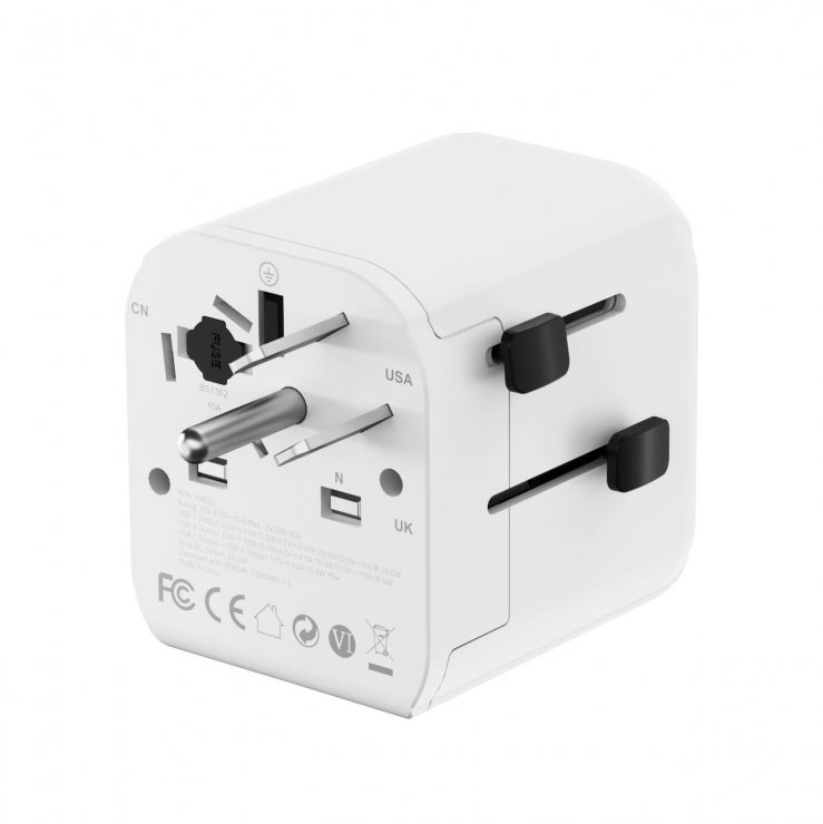 Imagine Adaptor Schuko la universal US/UK/CN/AU + USB-A + USB-C 20W, Gembird TPA-EU1A1C20-01-W
