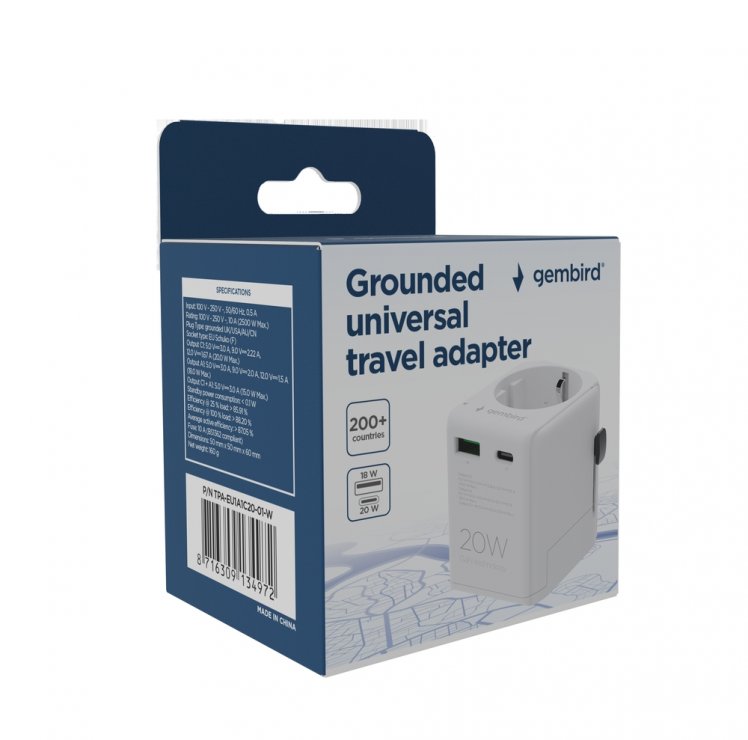 Imagine Adaptor Schuko la universal US/UK/CN/AU + USB-A + USB-C 20W, Gembird TPA-EU1A1C20-01-W