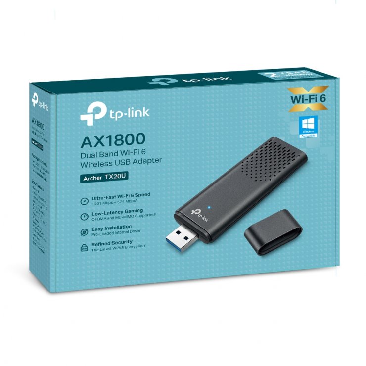 Imagine Adaptor USB wireless WiFi 6 AX1800 cu 2 antene, TP-LINK ARCHER TX20U