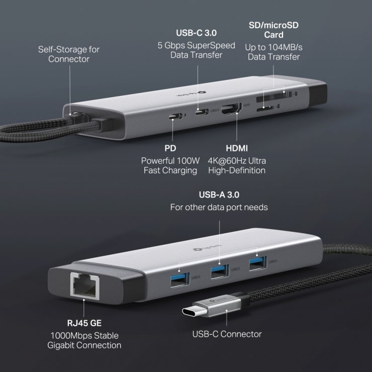 Imagine Docking station USB type C la HDMI 4K60Hz/SD+micro SD/USB type C + 3 x USB-A/Gigabit PD 100W, TP-LINK UH9120C