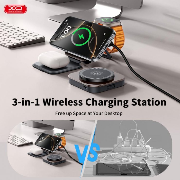 Imagine Statie wireless de incarcare 15W 3in1 Negru, XO CX035