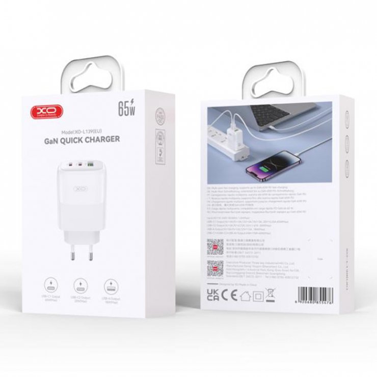 Imagine Incarcator priza USB-A + 2 x USB-C 65W + cablu USB C-C GaN Nitride Alb, XO L139