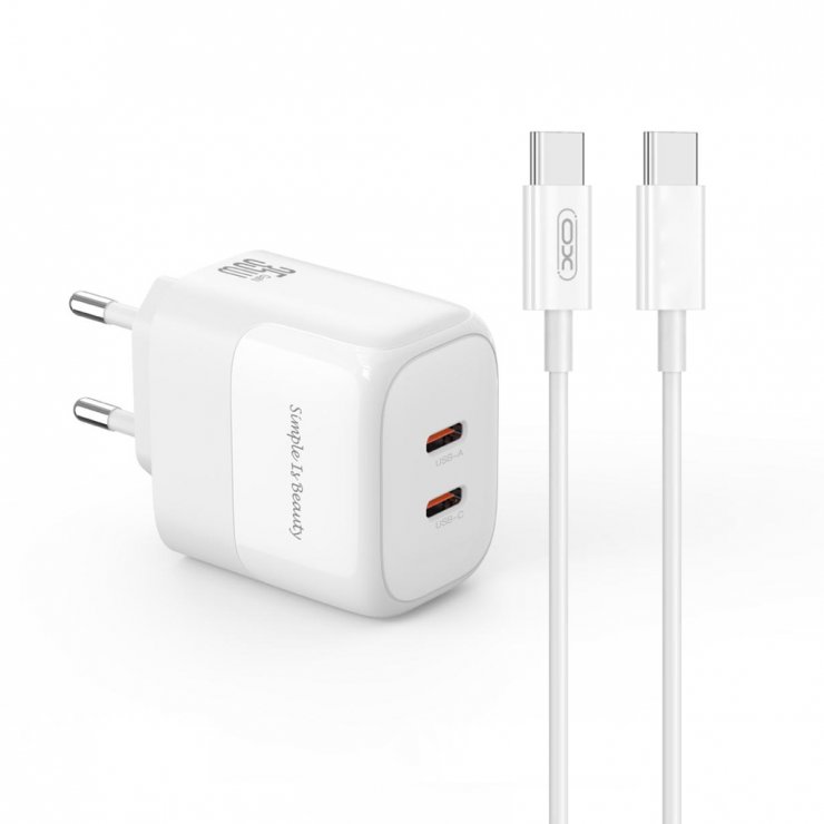 Imagine Incarcator priza 2 x USB-C 35W GaN Nitride + cablu USB type C Alb, XO L140