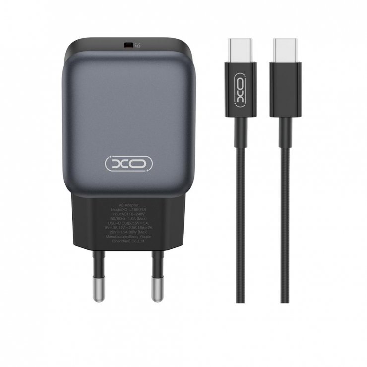Imagine Incarcator priza USB-C 30W + cablu USB C-C Negru, XO L155