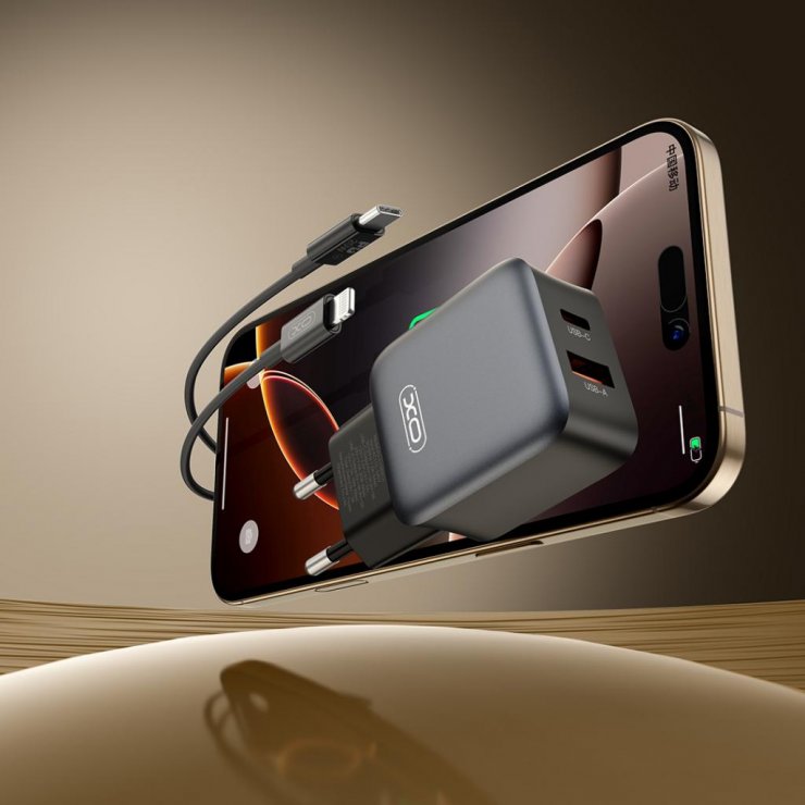 Imagine Incarcator priza USB-A + USB-C 30W + cablu USB type C-Lightning GaN Nitride Negru, XO L156