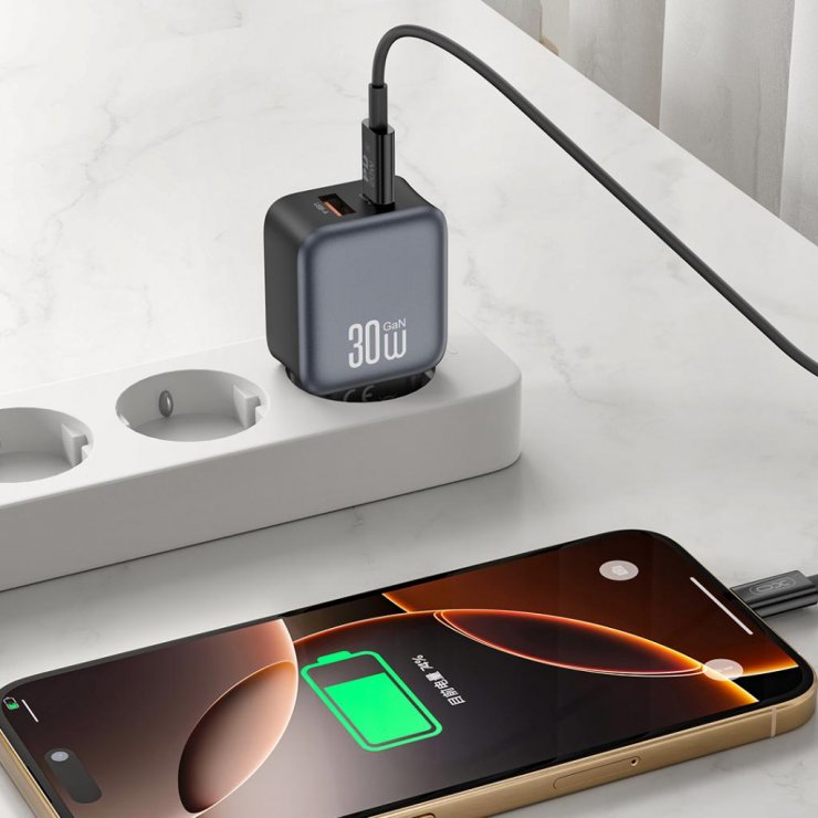 Imagine Incarcator priza USB-A + USB-C 30W + cablu USB type C-Lightning GaN Nitride Negru, XO L156