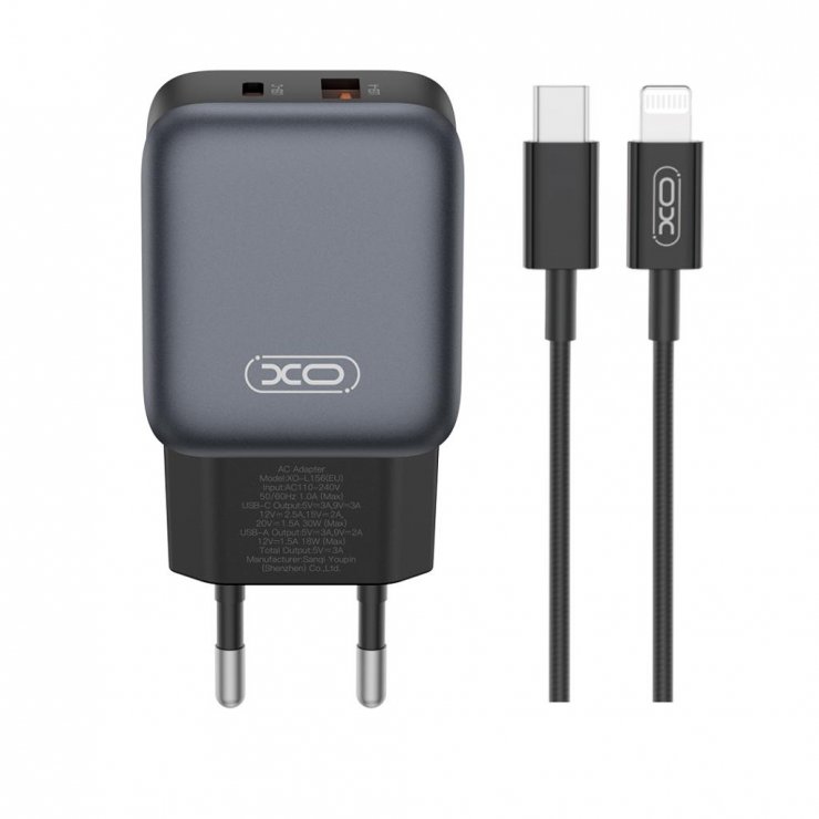 Imagine Incarcator priza USB-A + USB-C 30W + cablu USB type C-Lightning GaN Nitride Negru, XO L156