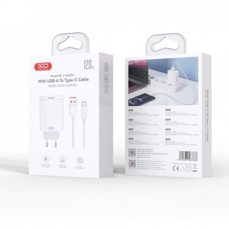 Imagine Incarcator priza USB-A 120W + cablu USB A-C Alb, XO L164