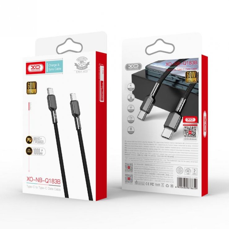 Imagine Cablu USB 2.0 type C la USB type C 60W 1m brodat Negru, XO NB-183B