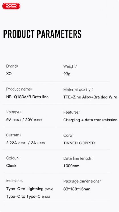 Imagine Cablu USB 2.0 type C la USB type C 60W 1m brodat Negru, XO NB-183B