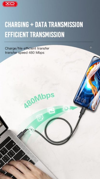 Imagine Cablu USB 2.0 type C la USB type C 100W 1.5m brodat Negru, XO NB-Q199