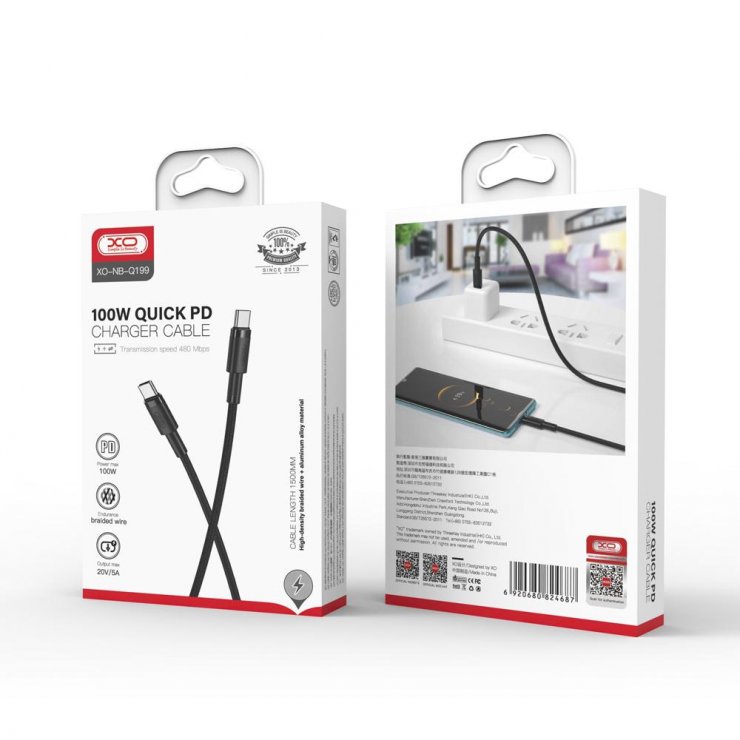 Imagine Cablu USB 2.0 type C la USB type C 100W 1.5m brodat Negru, XO NB-Q199