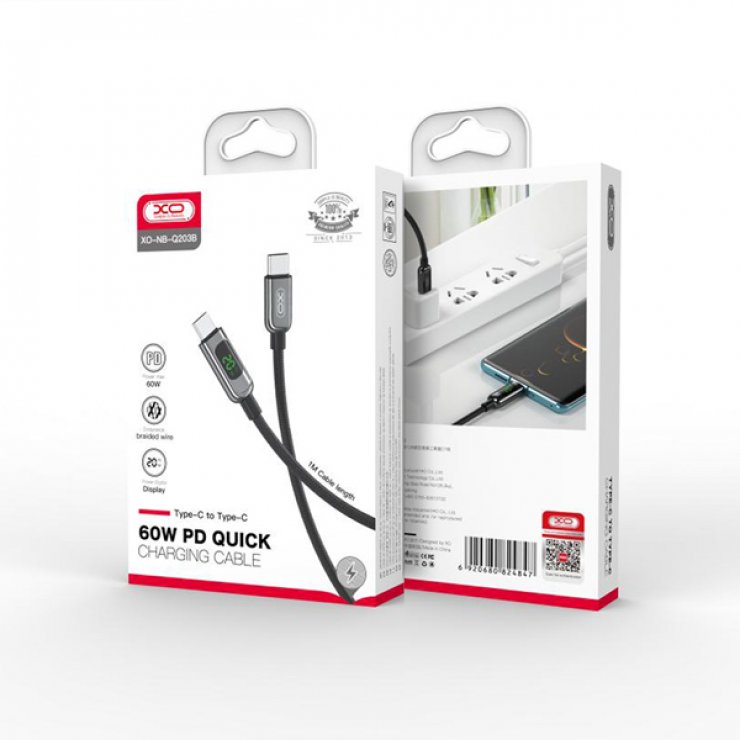 Imagine Cablu USB 2.0 type C la USB type C 60W cu afisaj 1m brodat Negru, XO NB-Q203B