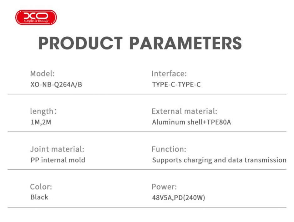 Imagine Cablu USB 2.0 type C la USB type C 240W 2m brodat/metalic Negru, XO NB-Q264B