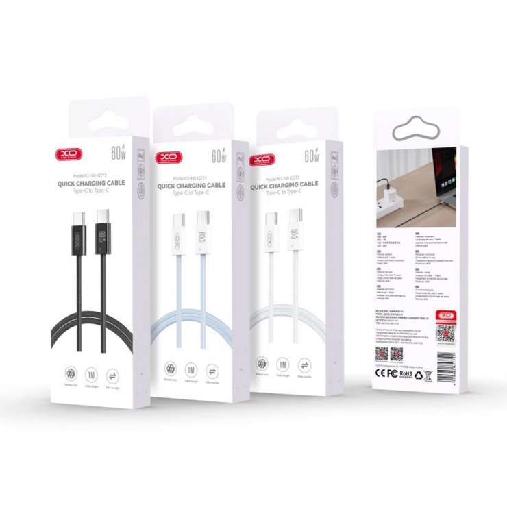 Imagine Cablu USB 2.0 type C la USB type C 60W 1m brodat Alb, XO NB-Q273