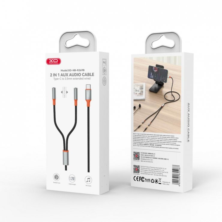 Imagine Cablu audio USB type C la 2 x jack stereo 3.5mm T-M 1.2m brodat Negru, XO NB-R269B
