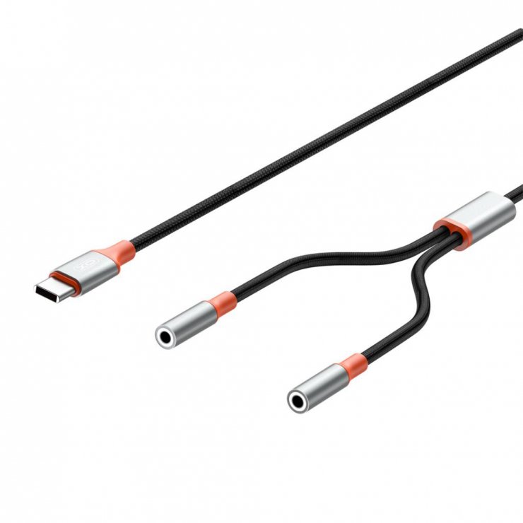 Imagine Cablu audio USB type C la 2 x jack stereo 3.5mm T-M 1.2m brodat Negru, XO NB-R269B