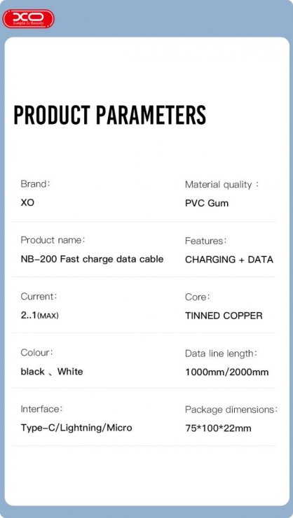Imagine Cablu USB-A la USB type C 2A 1m Negru, XO NB200