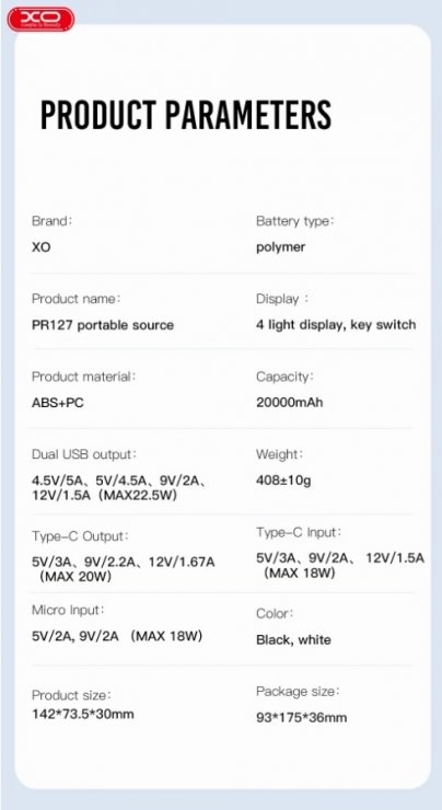 Imagine Power bank 20000 mAh 22.5W Negru, XO PR127
