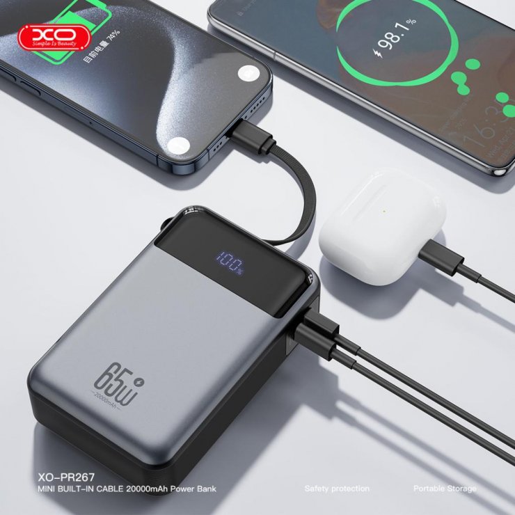 Imagine Power bank 20000 mAh 65W cu display + cablu USB-C Gri, XO PR267