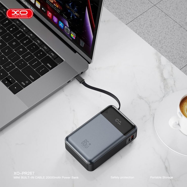 Imagine Power bank 20000 mAh 65W cu display + cablu USB-C Gri, XO PR267