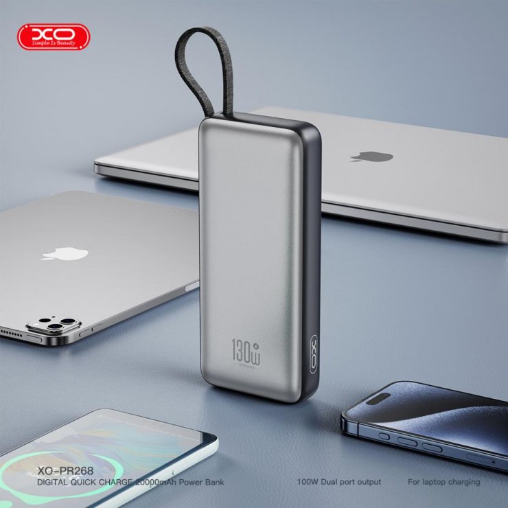 Imagine Power bank 20000 mAh 130W cu display + cablu USB-C Gri, XO PR268