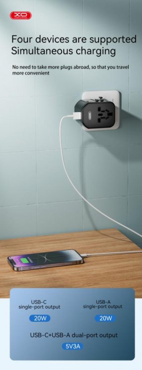 Imagine Adaptor universal 20W + 2 x USB-A + USB-C Negru, XO WL13