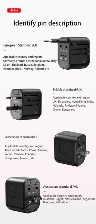 Imagine Adaptor universal 20W + 2 x USB-A + USB-C Negru, XO WL13