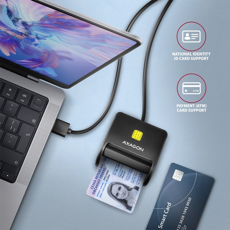 Imagine Cititor de carduri USB-A 2.0 la Smart Card/carte identitate + SD/microSD/SIM, Axagon CRE-SM3SD