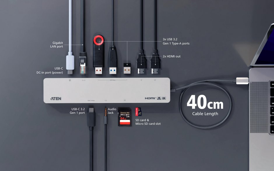 Imagine Docking station USB type C la HDMI 8K/3xUSB-A/micro SD+SD/LAN + PD 100W, ATEN UH3240