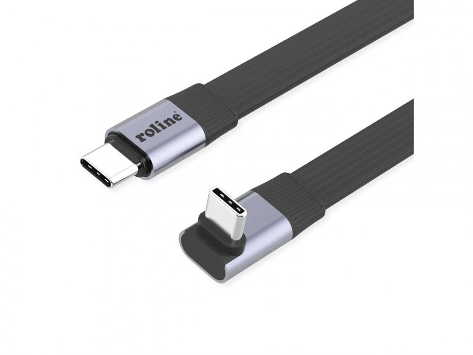 Imagine Cablu flat USB4 type C drept/unghi 8K UHD-2/80Gb/240W 0.8m Negru, Roline 11.02.9097