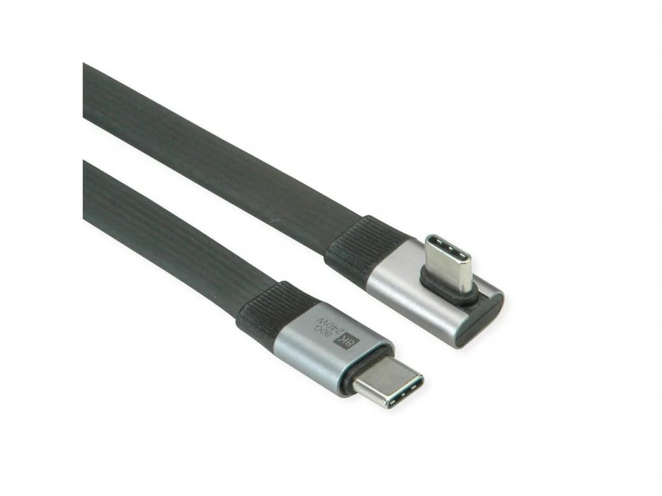 Imagine Cablu flat USB4 type C drept/unghi 8K UHD-2/80Gb/240W 0.8m Negru, Roline 11.02.9098