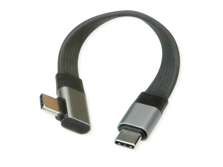 Imagine Cablu flat USB4 type C drept/unghi 8K UHD-2/80Gb/240W 0.13m Negru, Roline 11.02.9099