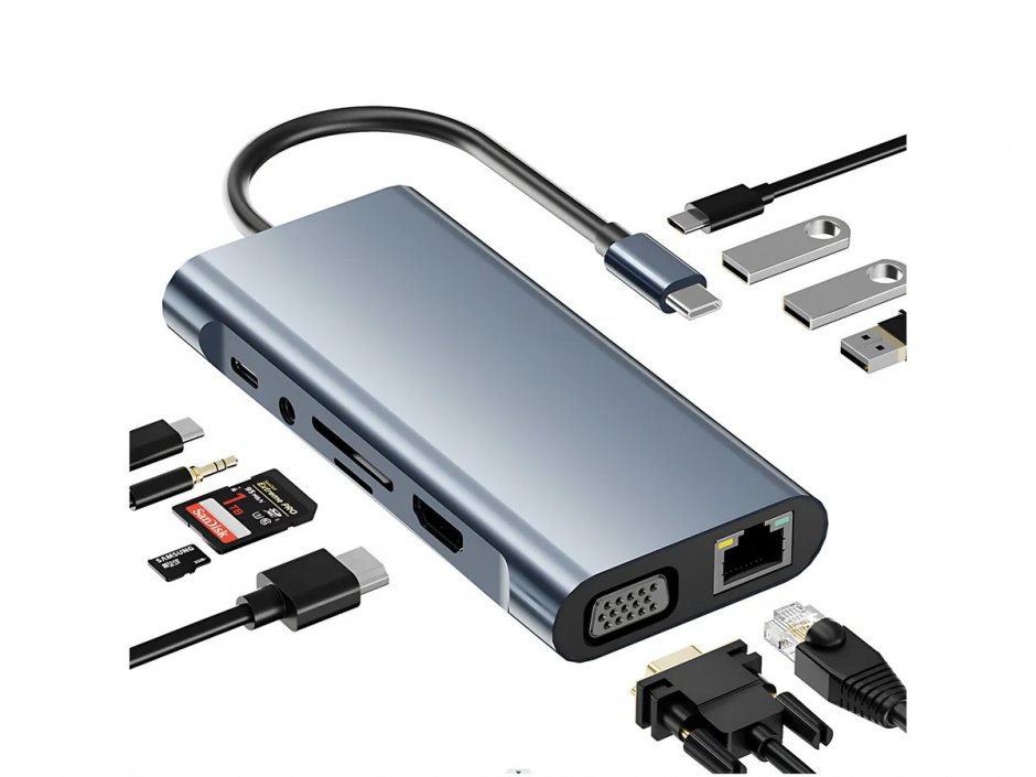 Imagine Docking station USB type C la HDMI 4K30Hz/VGA/Gigabit Ethernet/3x USB 3.2-A/1x USB 2.0-C/1x slot SD/1x Audio + PD, Value 12.99.1143